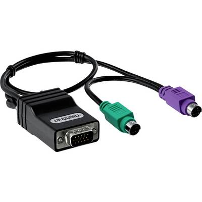 Et sort til lilla og grøn adapterkabel, som deler VGA til to PS/2-stik, typisk brugt til computersammenkoblinger.