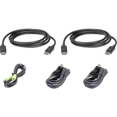 Seks kabler: to HDMI-kabler, et lydkabel med grøn og rød stik, og tre USB-kabler på hvid baggrund.