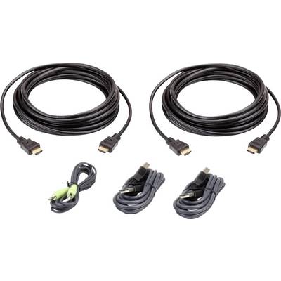 To davs HDMI-kabler i sort, et par grøn-sorte lydkabler og to USB-kabler i forskellige længder på hvid baggrund.