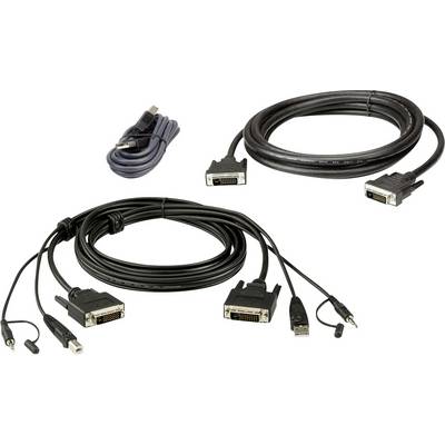 Tre kabeltyper: øverst til venstre et USB-kabel, øverst til højre et enkelt DVI-kabel, forneden et DVI-kabel med ekstra audio- og USB-stik.