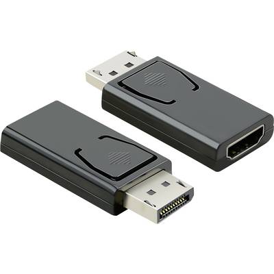 To svarte adapterstik med HDMI- og DisplayPort-tilslutninger, der ligger på en reflekterende overflade.