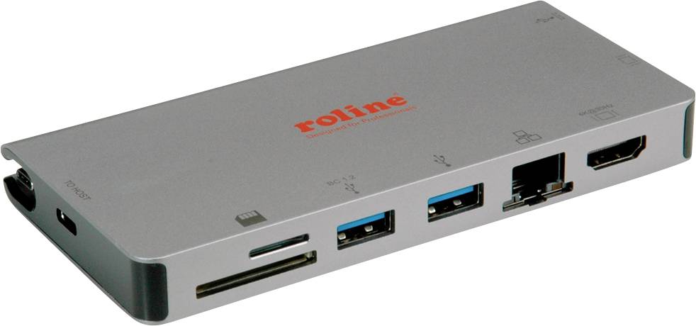 En grå USB-hub med flere tilslutninger, herunder USB-A, Ethernet, HDMI og kortlæserpladser, fra mærket Roline.