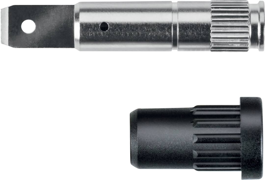 To stik-komponenter: foroven et metallisk stik med riflet område, forneden en sort plastikdåse.
