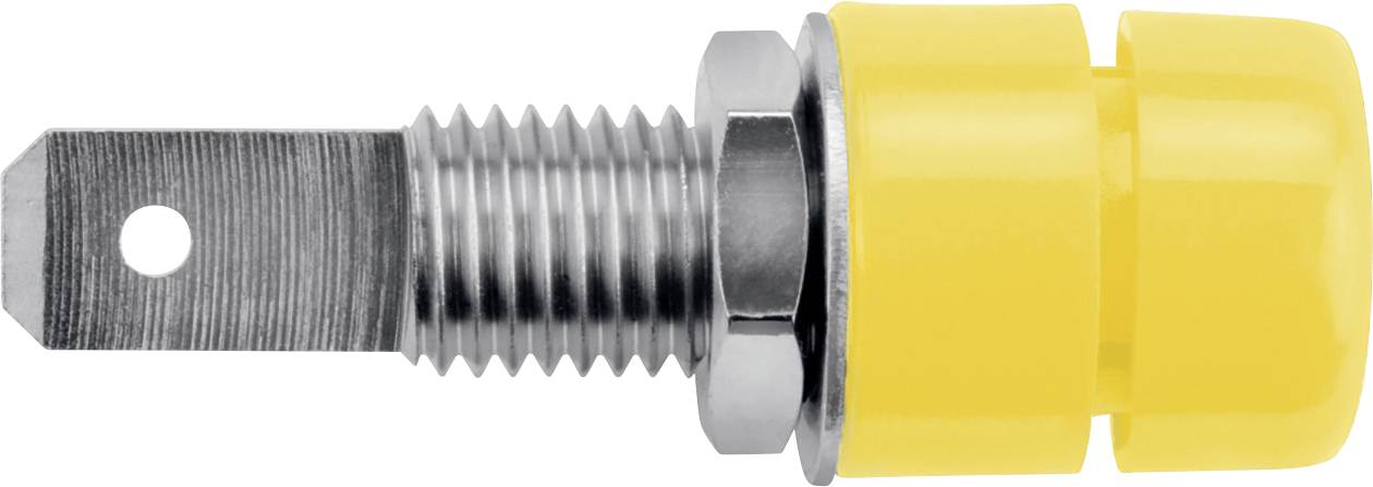 Metalskrue med gul plastikhovede og siddemonteret hulring.