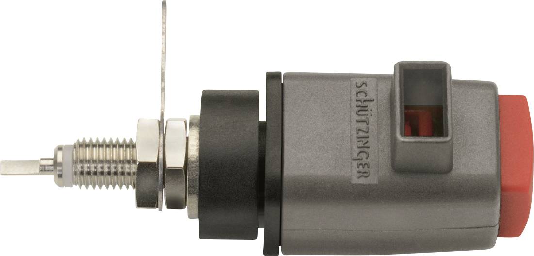 En grå, cylinderformet elektronisk komponent med en rød knap, metalforbindelse og 'Schützinger' påskrift på siden.