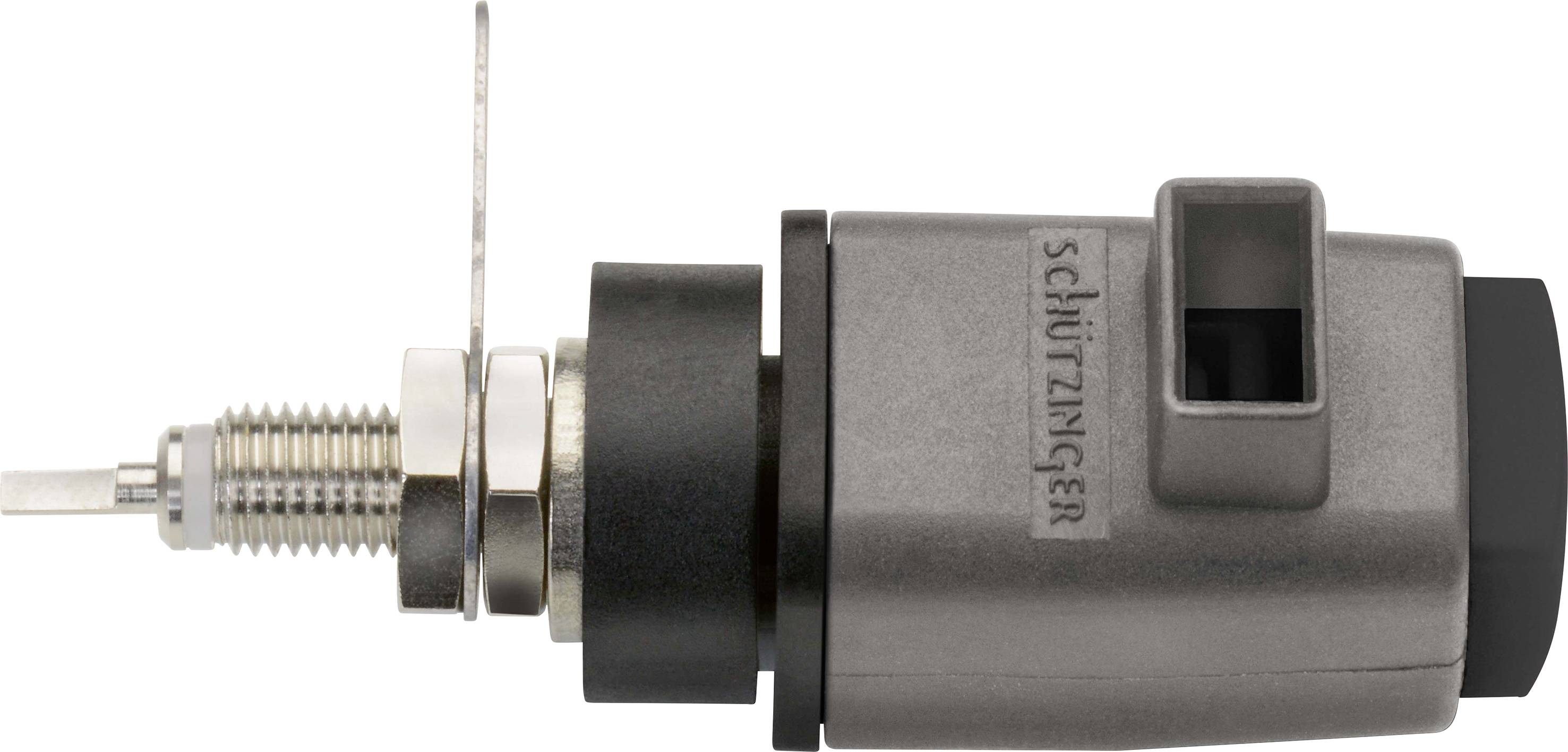 En metalcylinder med plastikhus og stikforbindelse, bruges i elektriske applikationer. Mærket 'Schützinger'.
