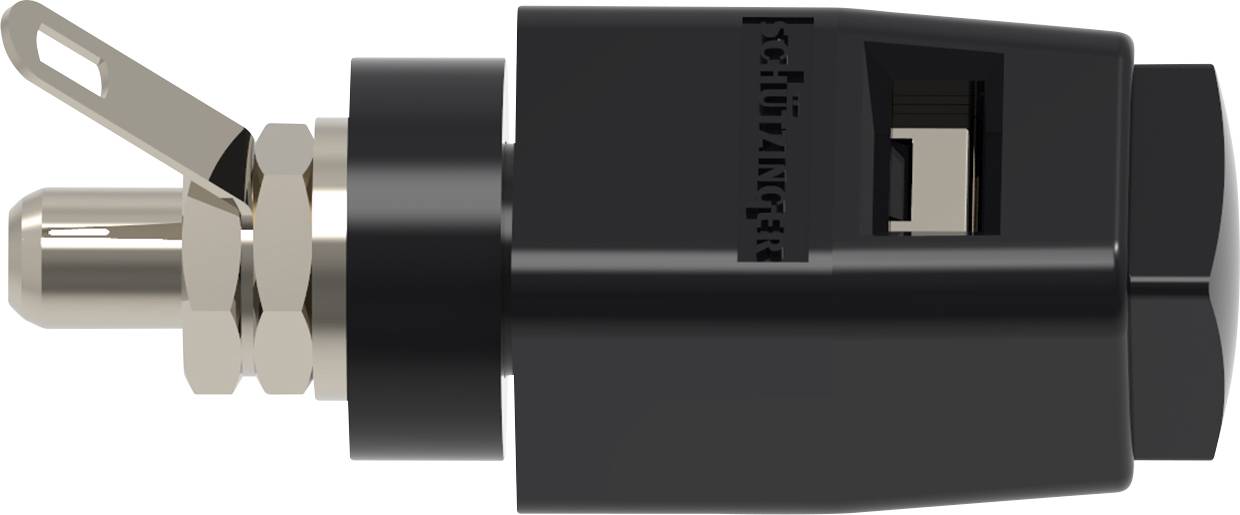 'Sort stikforbinder med metalstift og låsemekanisme, set fra siden, viser detaljer ved fastgørelsesstrukturen.'