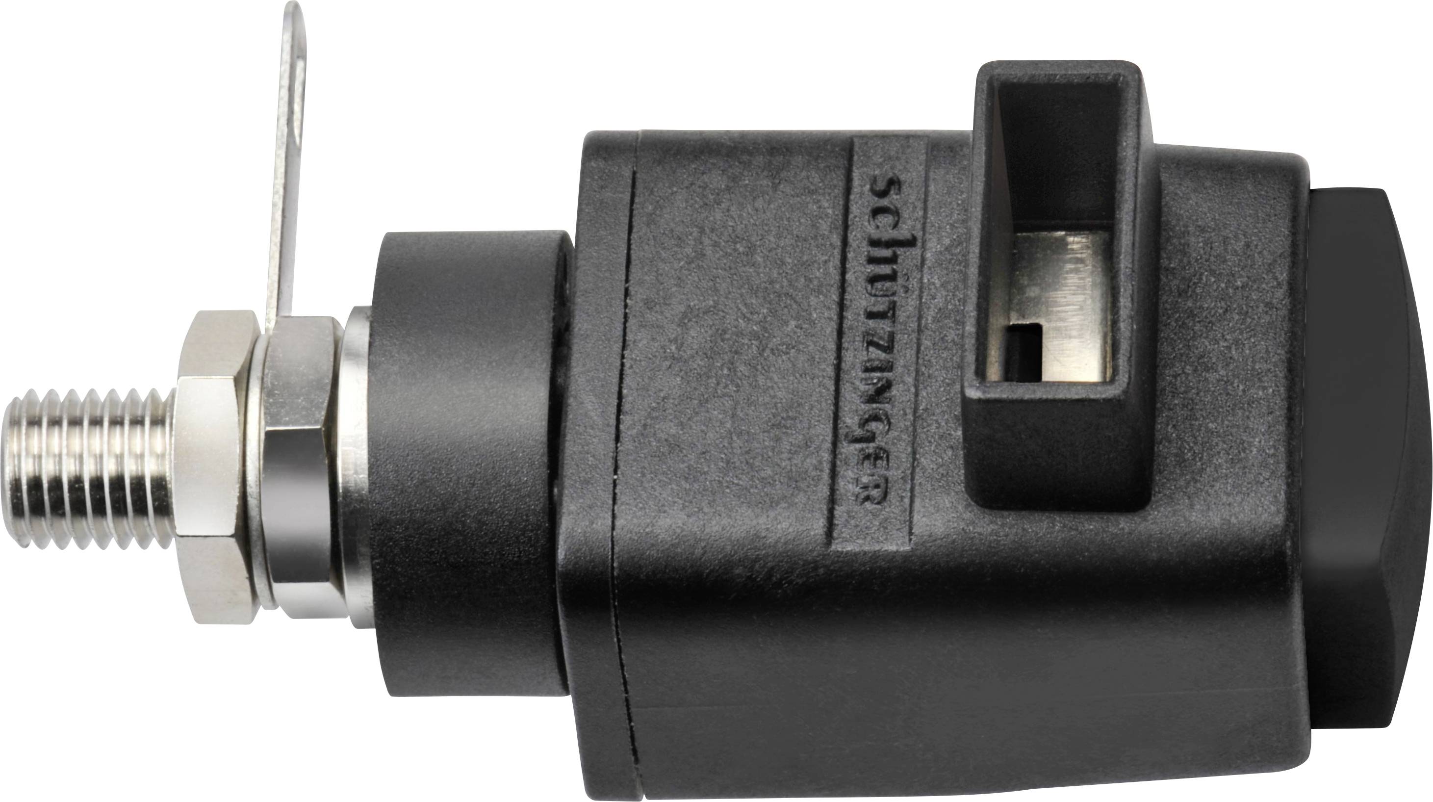 Sort plastikstik med metalgevind og påskrift på siden, sandsynligvis en elektrisk eller mekanisk forbindelse.