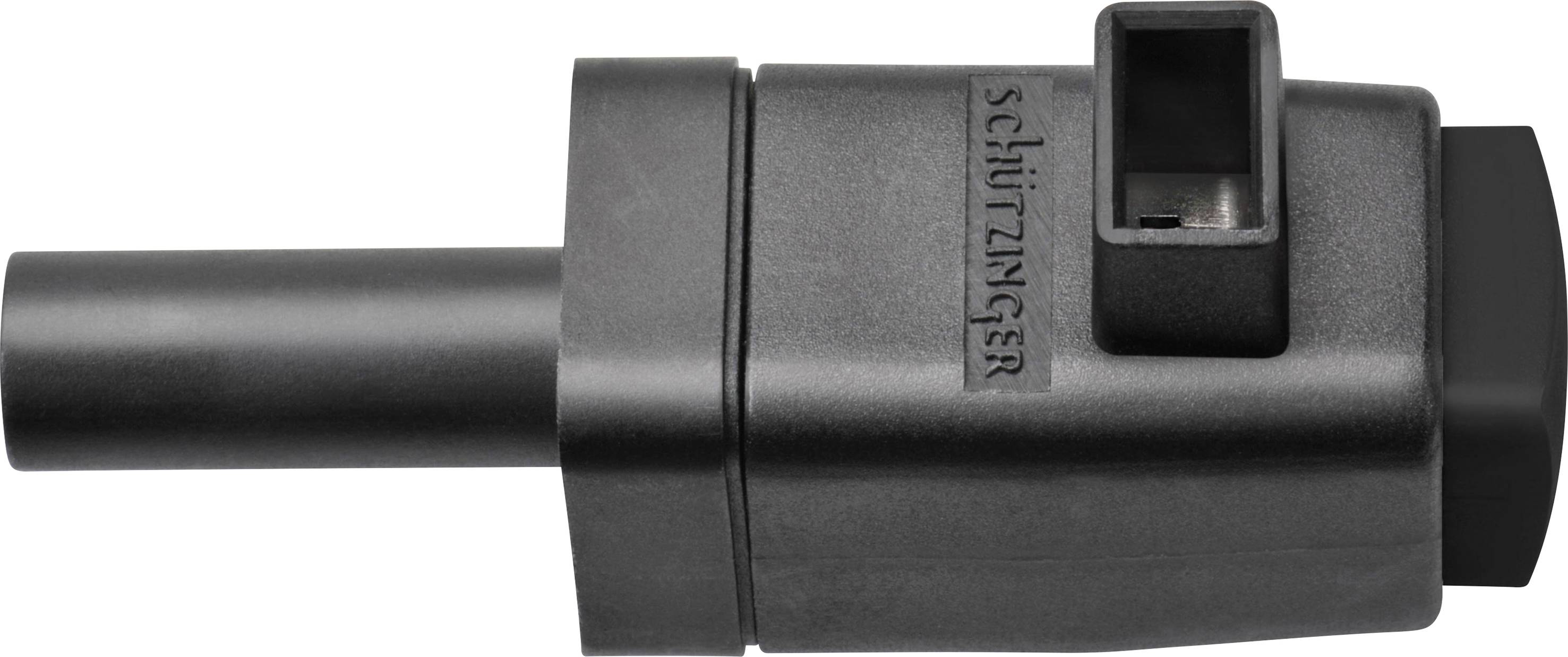 Sort elektrisk stikadapter med rektangulær form og påskriften 'Schützinger'.