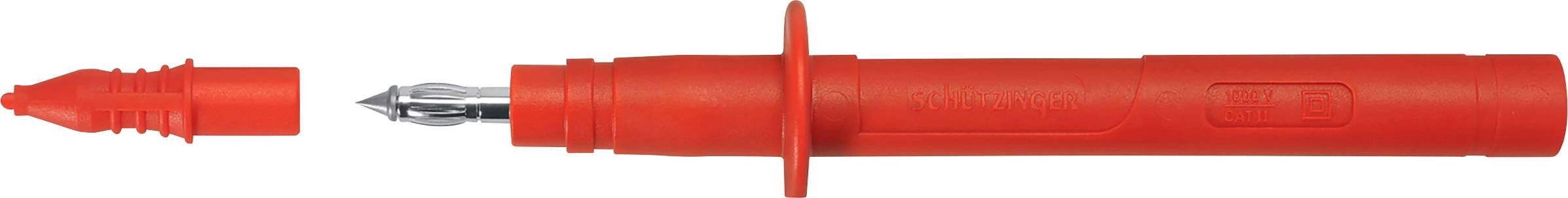 En rød prøvespidsadapter med beskyttelsshætte, egnet til elektriske måleapparater; hætten er taget af.
