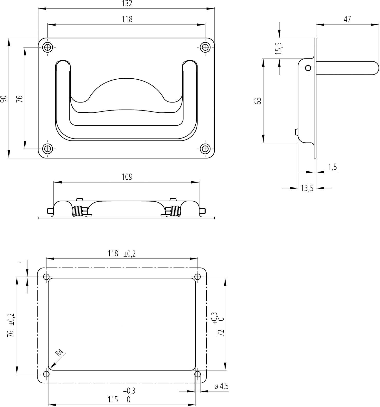 Teknisk tegning af et rektangulært greb med dimensionsangivelser i millimeter. Forfra, fra siden og oppefra.