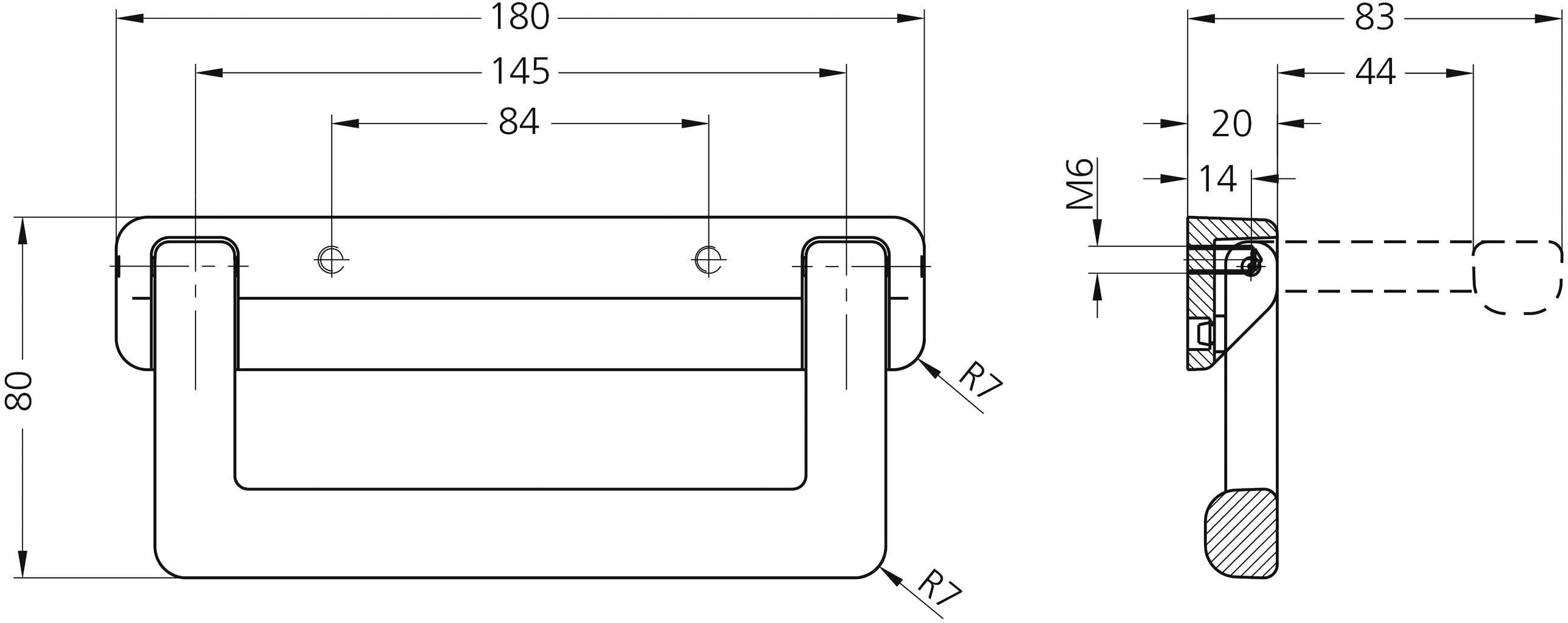 Teknisk tegning af et greb med mål: Bredde 180 mm, Højde 80 mm. Sidefremstilling viser gevindboret M6.