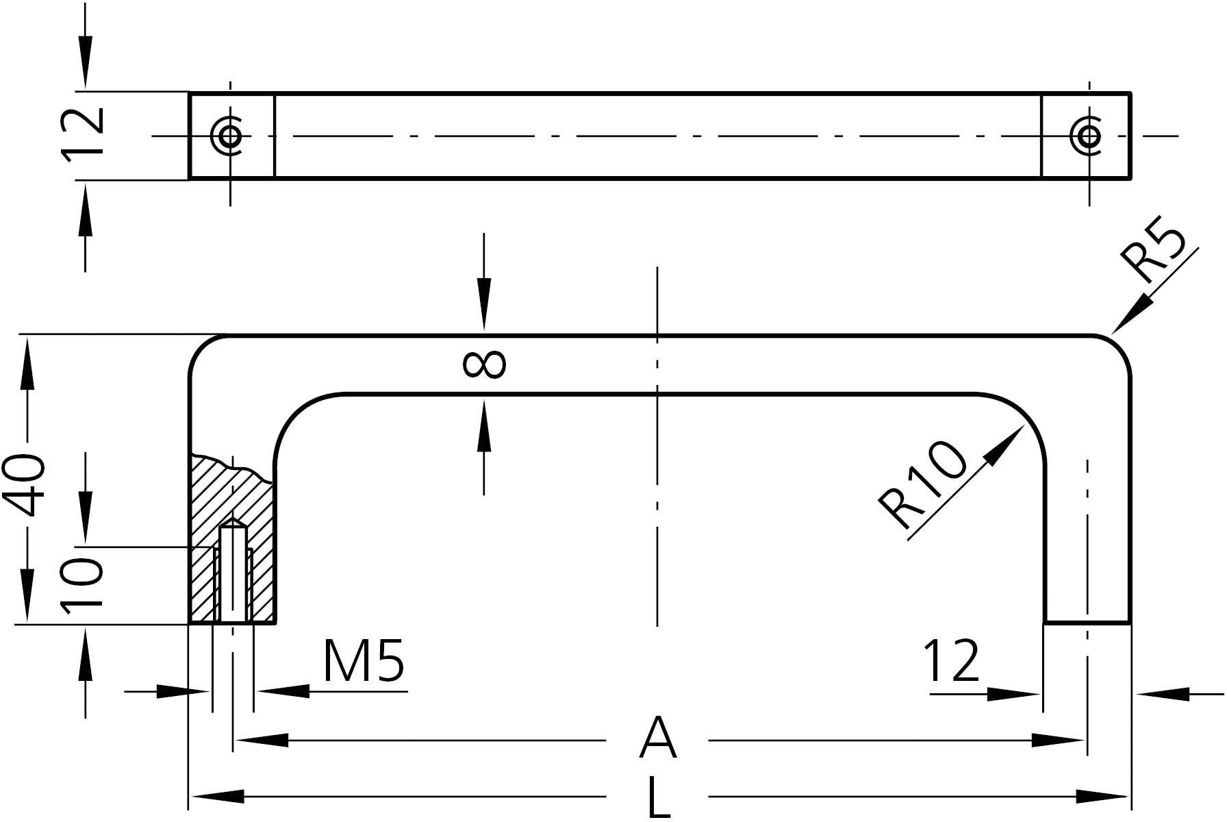 Teknisk tegning af en flad U-formet metalgreb med følgende mål: 12 mm diameter, 40 mm højde, 10 mm basisbredde, M5-gevind.
