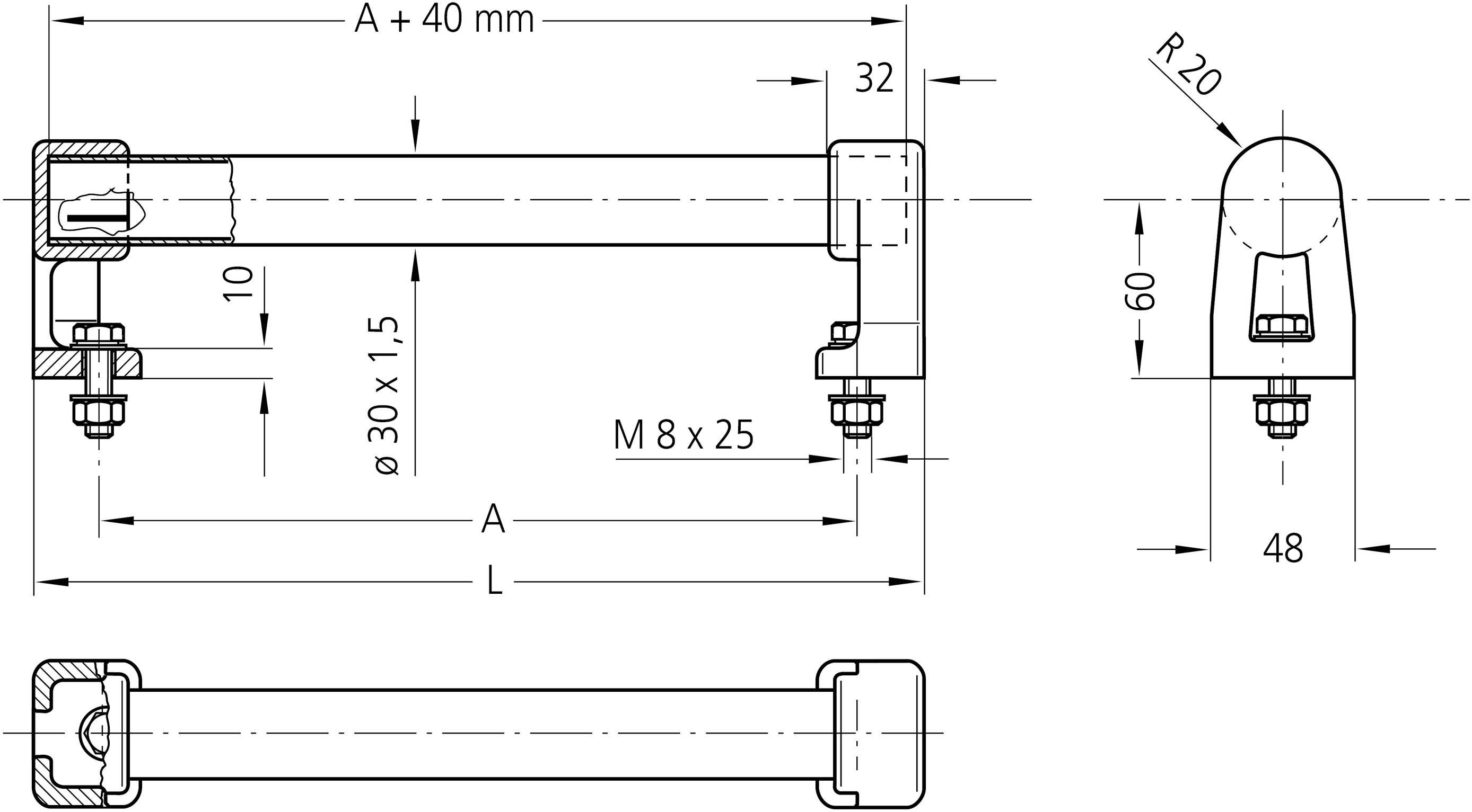 Teknisk tegning af et metalgreb med dimensioner. Viser top- og sidevisning med måleangivelser og skruedetaljer.