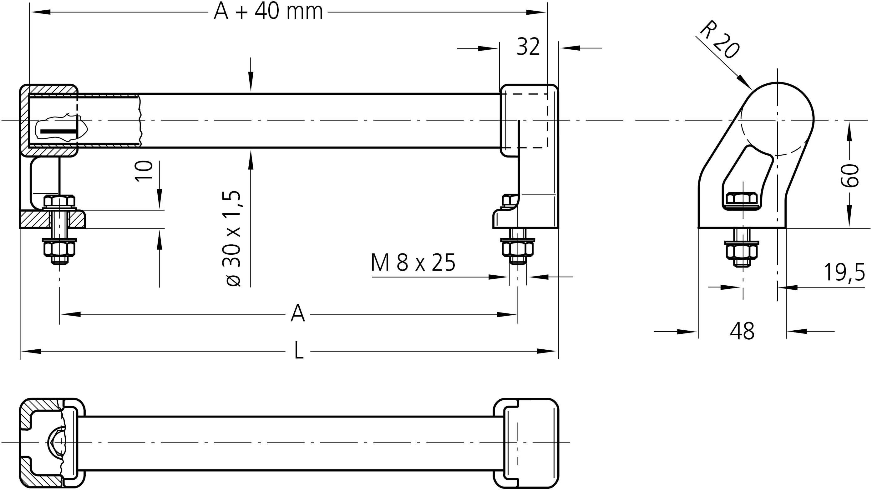 Teknisk tegning af et metalgreb med mål: Længde A plus 40 mm, diameter 30 mm, skrue M8 x 25, radius R20.