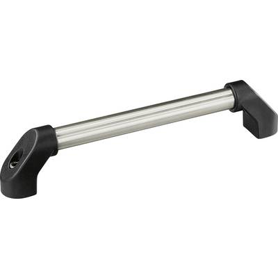 Et sølvfarvet greb med sorte ender, som begge har skråt placerede huller til montering. Grebet er cylinderformet og enkelt.