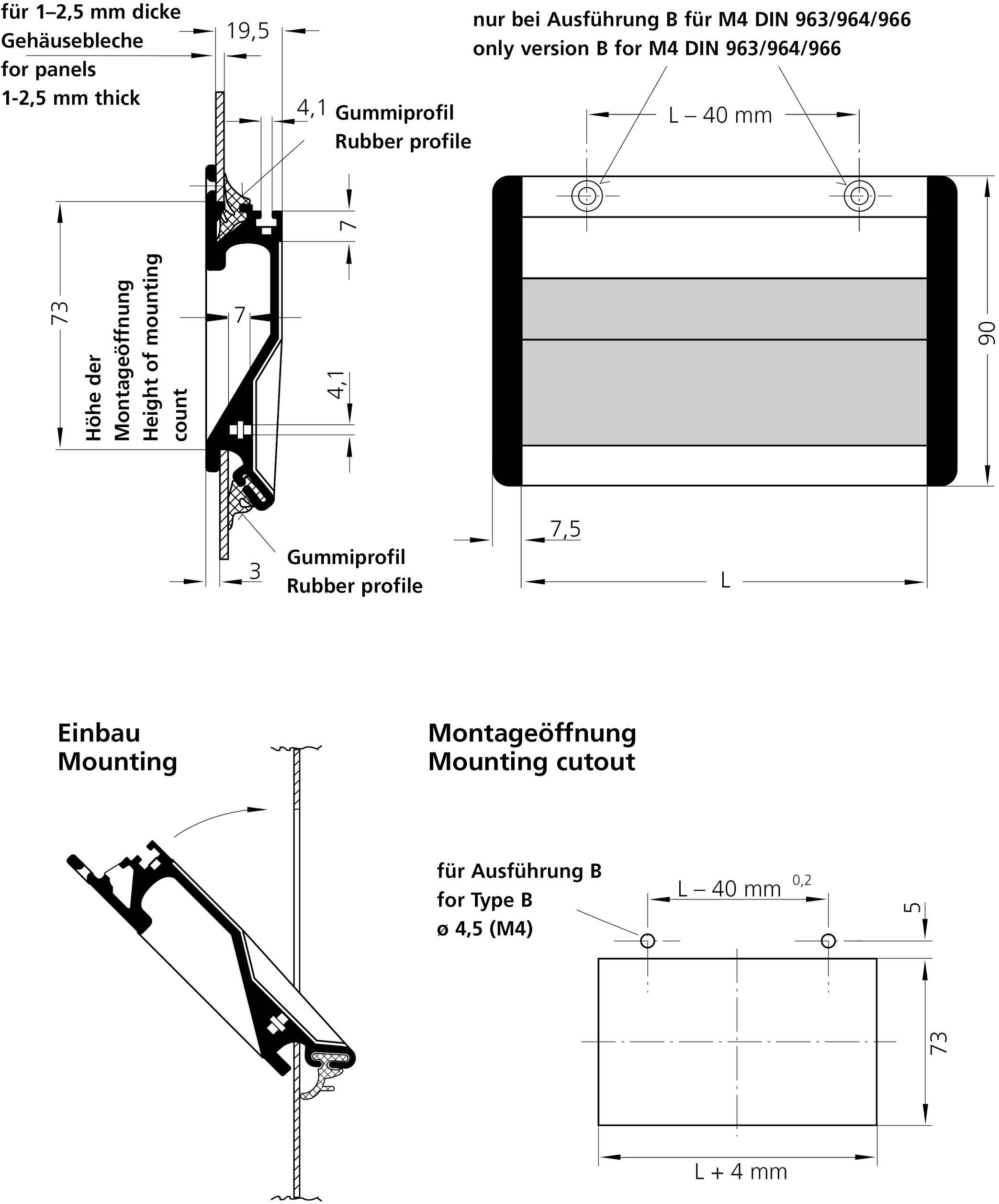 Teknisk tegning af et Type B-grebshåndtag: viser forskellige perspektiver, dimensioner og monteringsinstruktioner. Tekst med materialeangivelser og specifikationer.