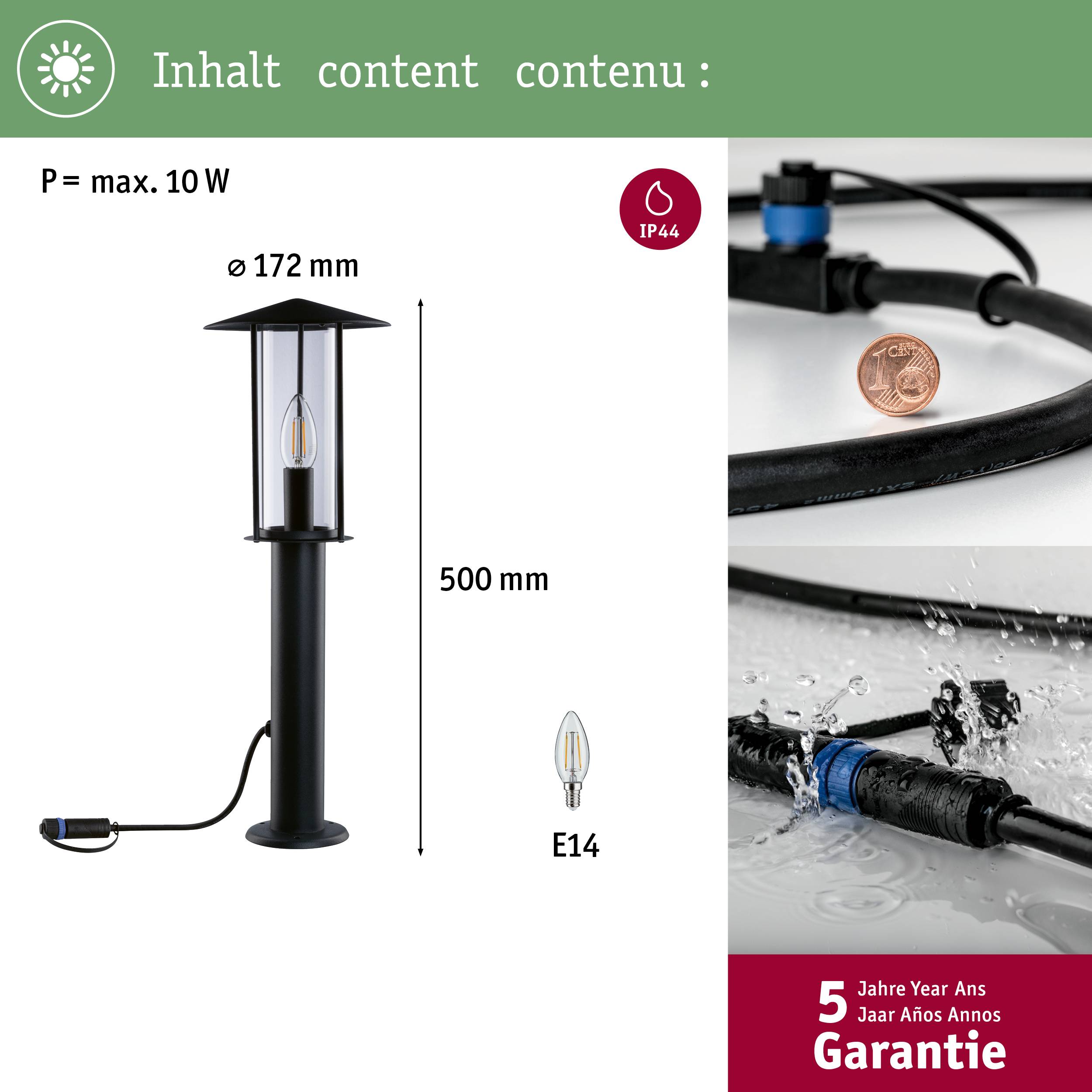 Standerlampe med E14-fatning, højde 500 mm, maksimal effekt 10 W, IP44-beskyttelse. 5 års garanti.