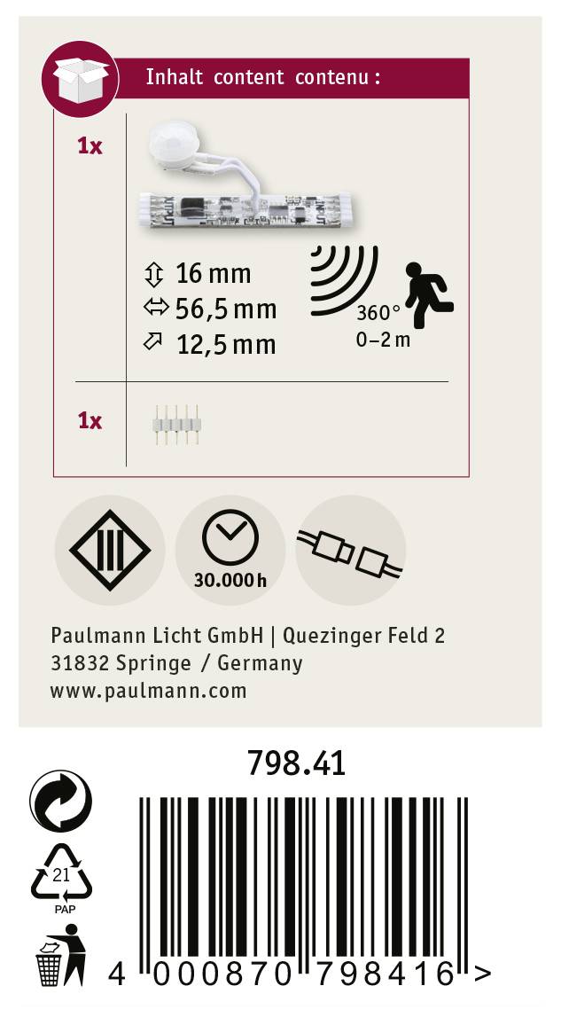 'Bevægelsessensor med sensor; rækkevidde 0-2m, 360°. Indeholder 1 bevægelsesdetektor, 1 batteri. Paulmann Licht GmbH, 798.41, stregkode nederst.'