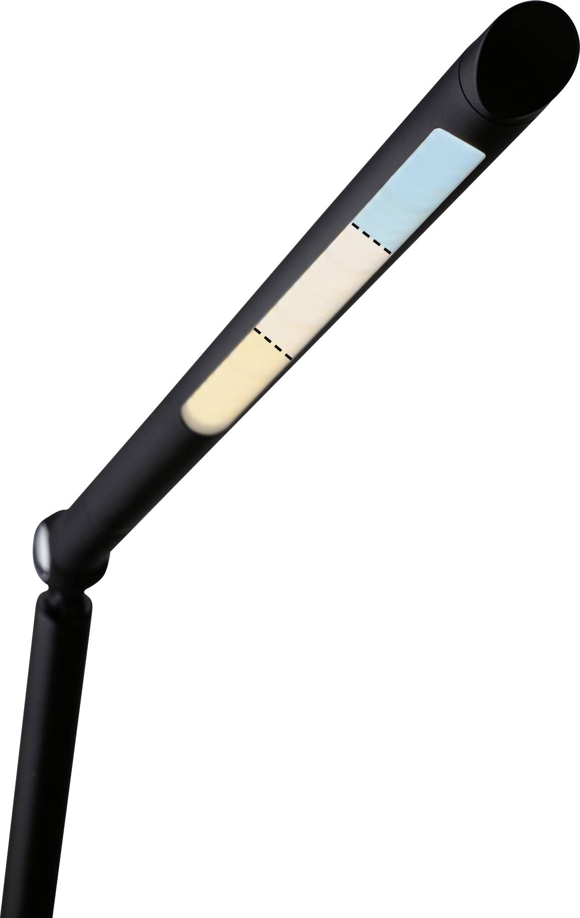 En sort lampe med et moderne, strømlinet design. Lampeskærmen viser tre farver: Blå, beige og hvid.