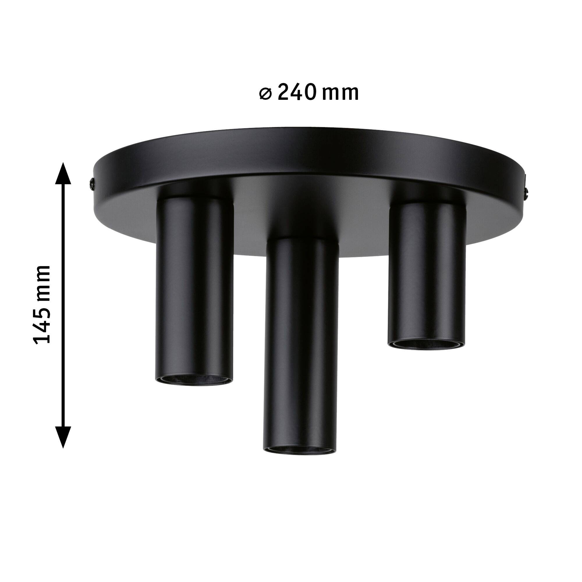 Sort loftlampe med tre cylinderformede spots. Basediameter 240 mm, højde 145 mm. Egnet til retningsbestemt belysning.