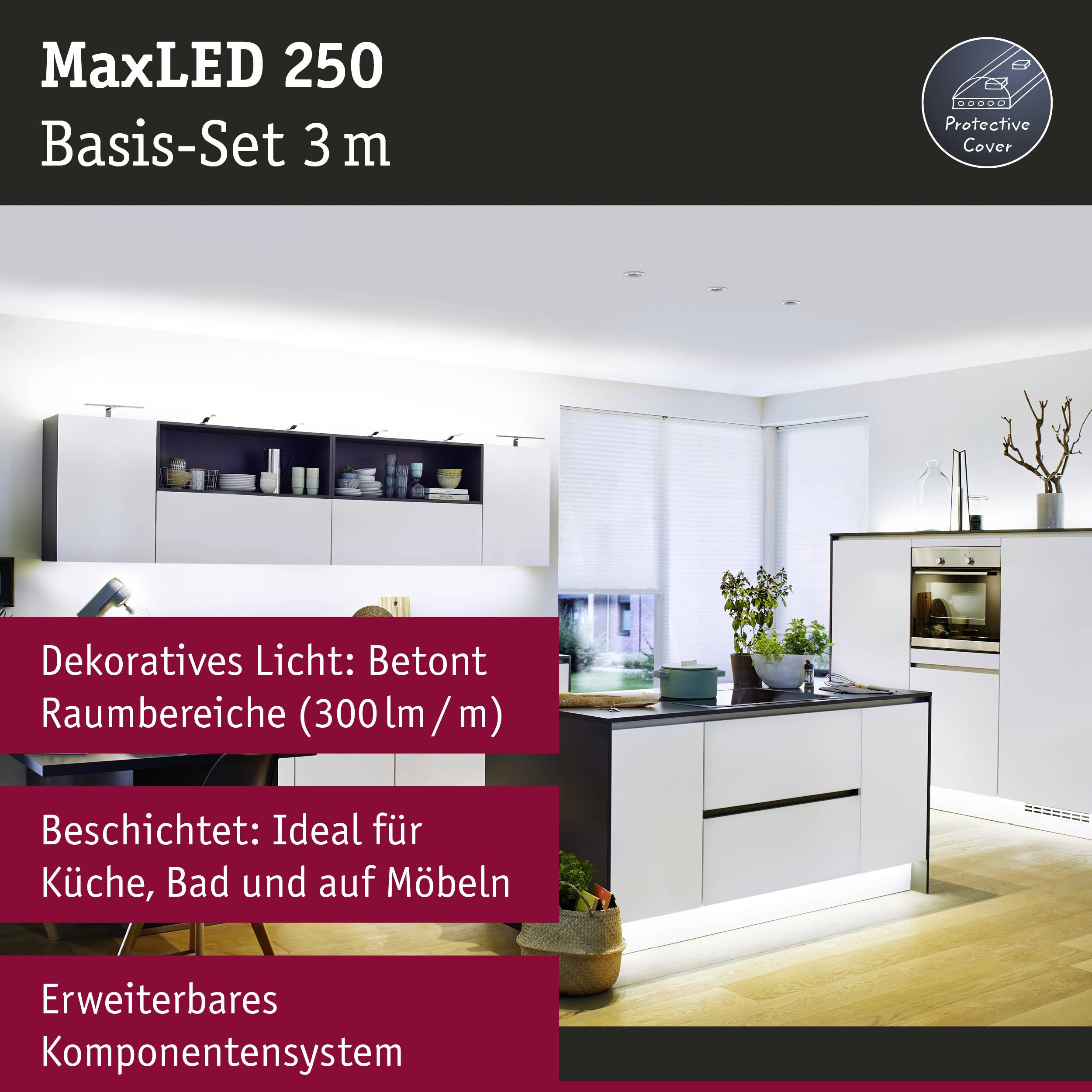 MaxLED 250 sæt i stuen: LED-liste med 300 lumen pr. meter. Oplyser køkken og badeværelse. Kan udvides op til 20 meter.