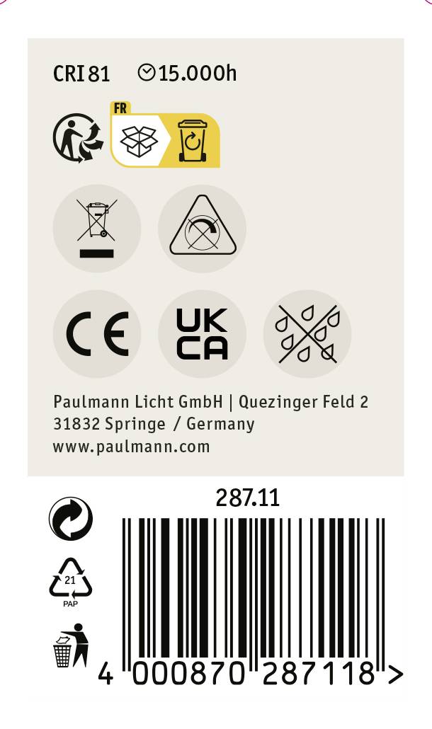 'En emballage til en lampe. Indeholder symboler for bortskaffelse og sikkerhedscertifikater. Producent: Paulmann Licht GmbH.'