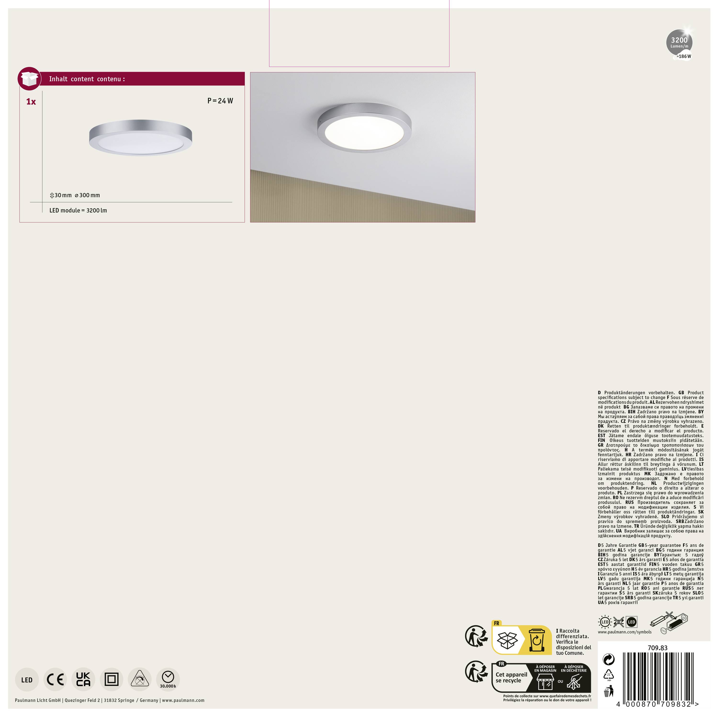 Rund loftslampe, LED, 24 W, 3000 lm, diameter 300 mm. Emballage viser produktbillede og tekniske detaljer.