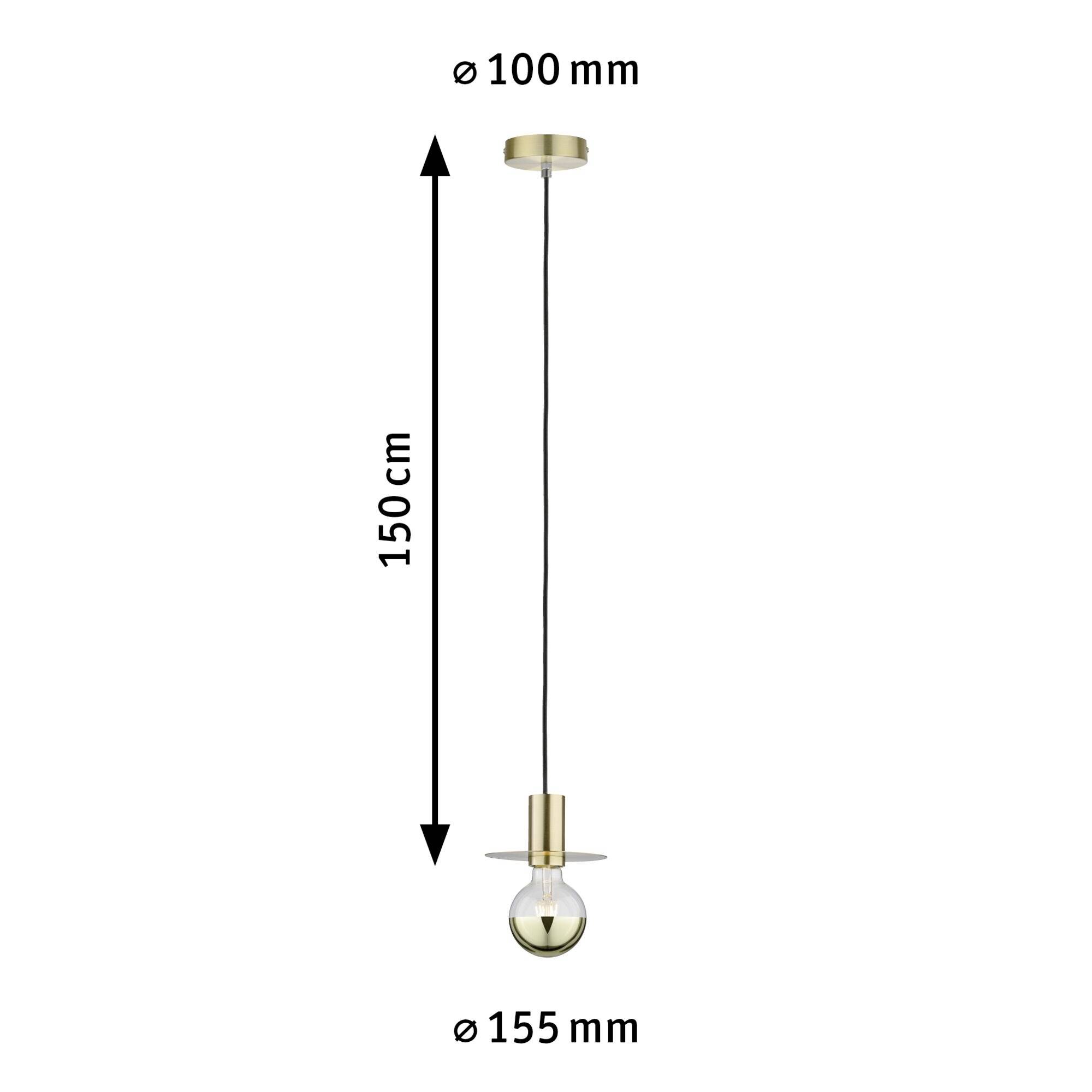 Hængelampe i messing med glødepære, 150 cm lang, loftholder med diameter på 100 mm, lampeskærm med diameter på 155 mm.