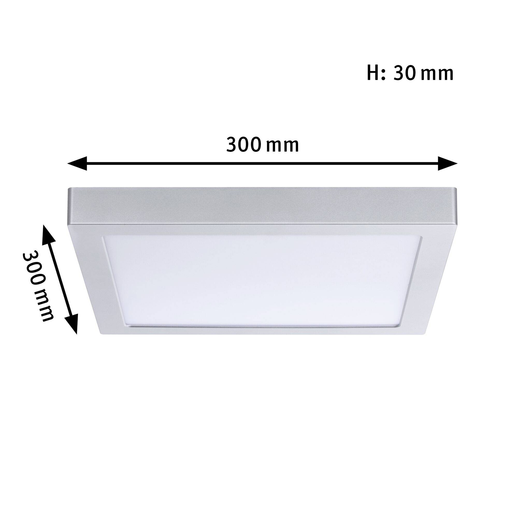Firkantet loftslampe, sølv. Mål: 300 mm x 300 mm, højde: 30 mm.