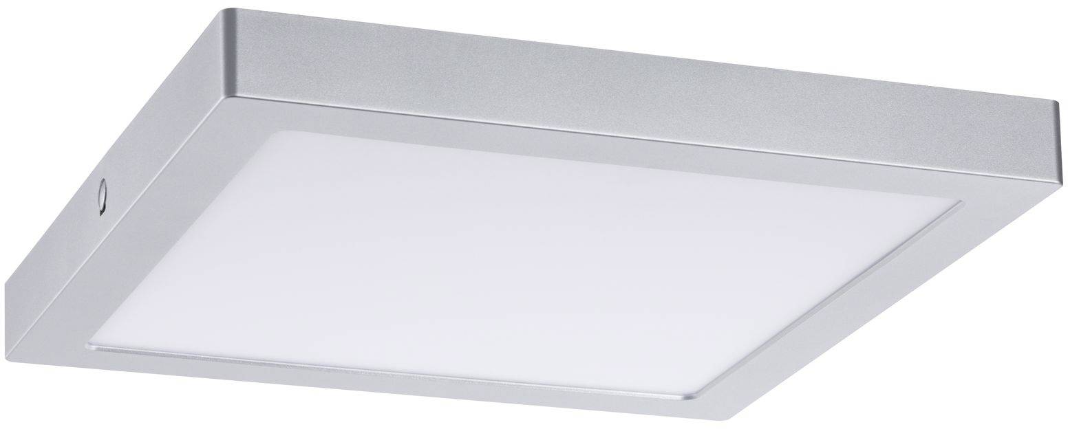 En firkantet sølvfarvet loftslampe med fladt design og mat glasfront.