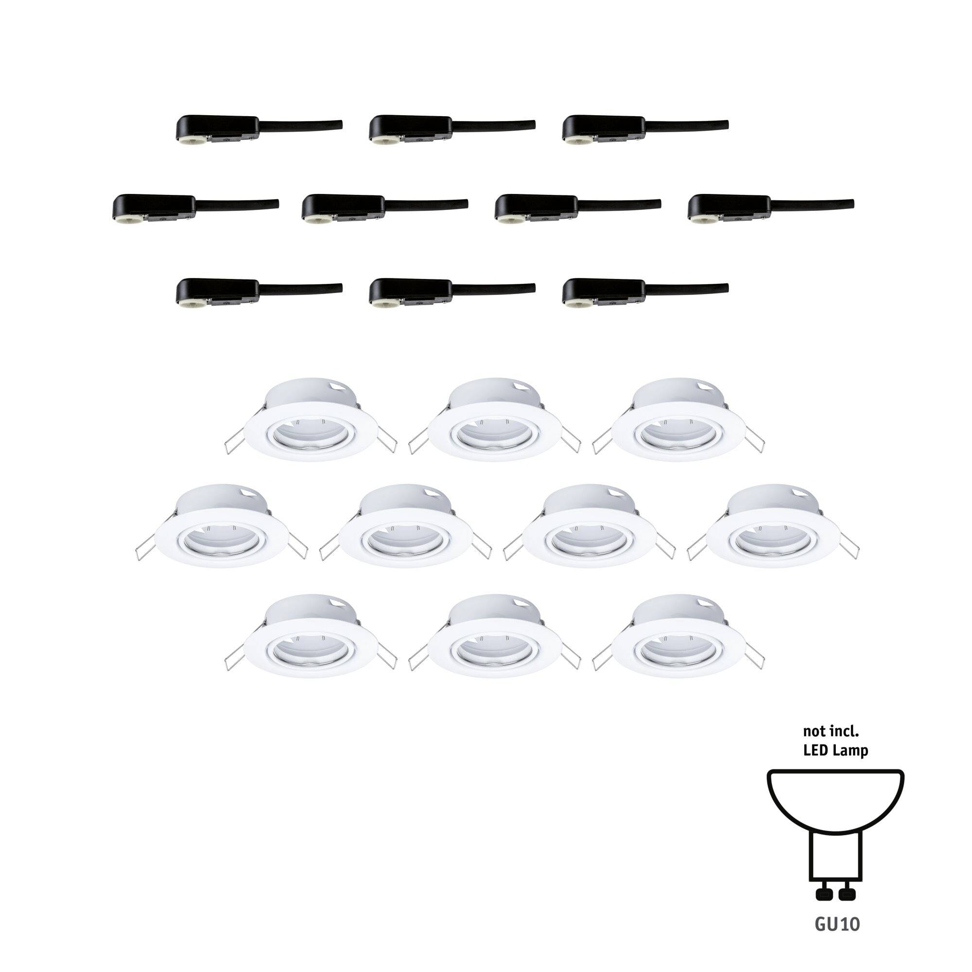 12 LED-indbygningsrammer i hvid, GU10-fatning, uden LED-pære, med sorte tilslutningskabler. Ideel til moderne belysningsløsninger.