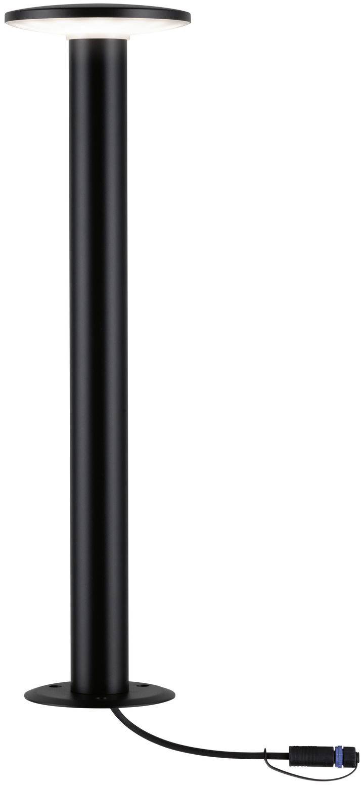 En sort, cylinderformet standerlampe med rund base og et kabel med stik.