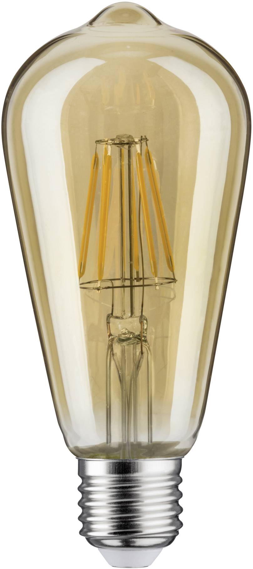 Energibesparende LED-pære i klassisk Edison-form med varmt hvidt lys og synligt glødetråd, symboliserer bæredygtighed.