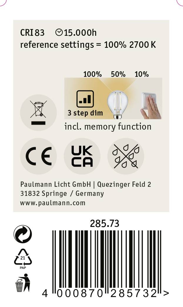 'LED-lampe, CRI 83, 15.000 timer, 100% 2700K, 3-trins dæmper med hukommelsefunktion. CE, UKCA certificeret. Paulmann Licht GmbH, Springe.'