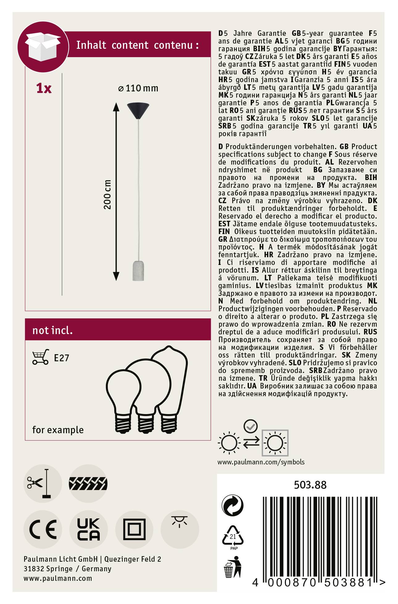 Emballage til en lampe med E27-fatning. Indeholder garantioplysninger, piktogrammer og lovpligtige oplysninger på flere sprog.