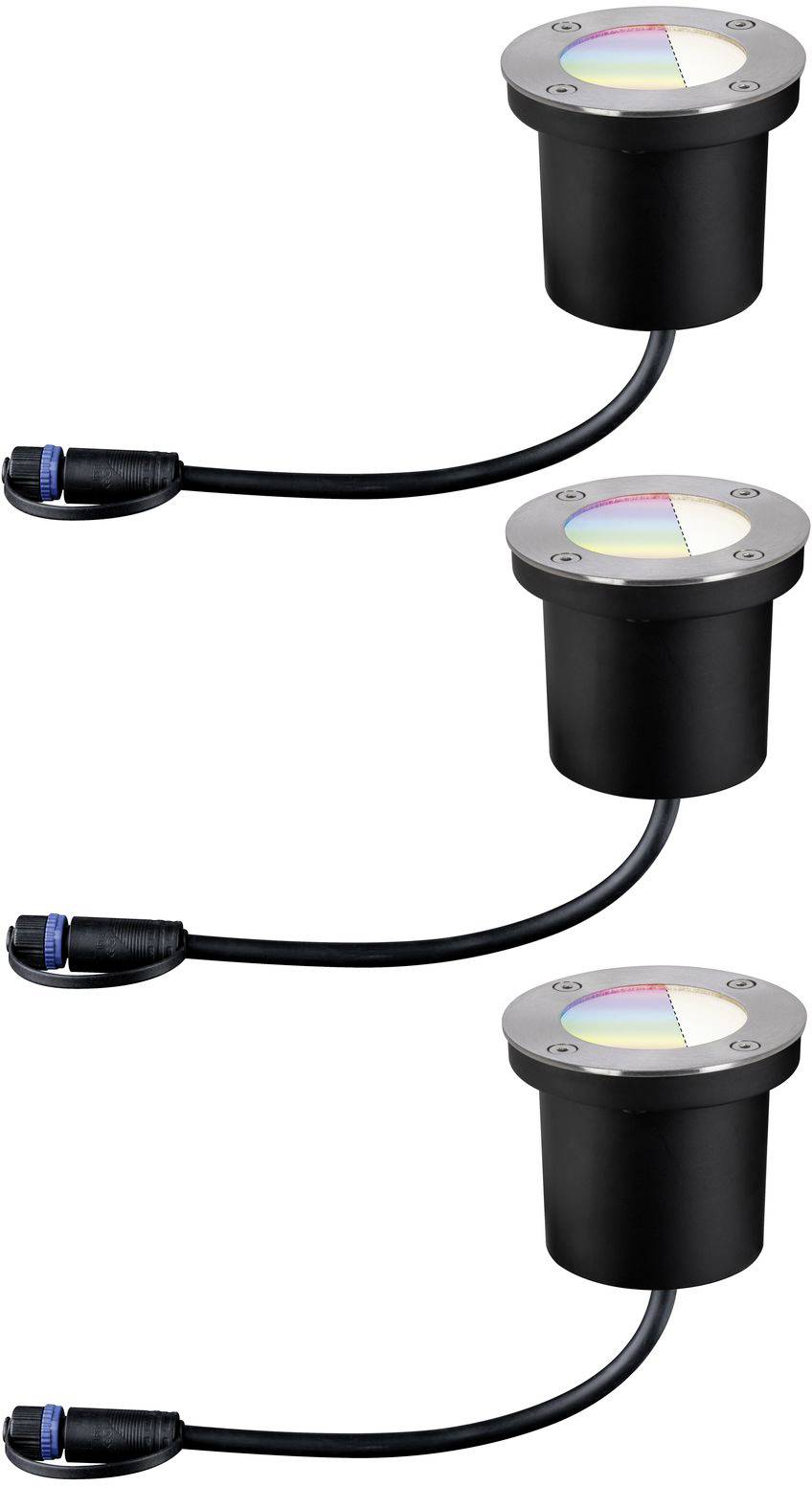 Tre runde, sorte LED-lamper med kabelstik, hver især stående lodret. Hver lampe har et farvet lysskær øverst.