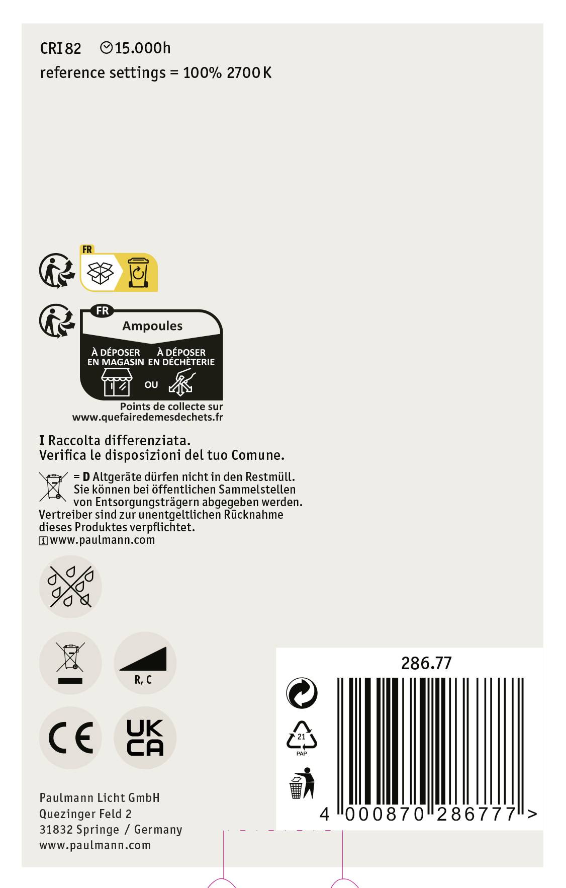 Bagsiden af en lyspærpakke med oplysninger om:<br><br>CRI (Farvegengivelsesindeks)<br>Levetid<br>Farvetemperatur<br>Bortskaffelsesanvisninger<br>Stregkoder