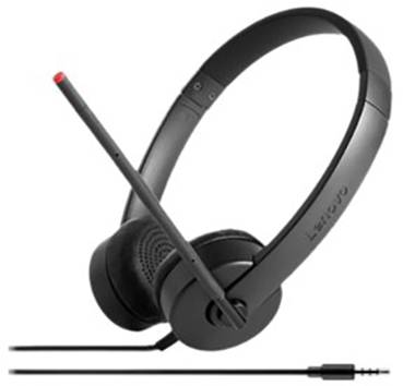 Sorte Lenovo-hovedtelefoner med integreret mikrofon og kabel. Ideel til telefonopkald eller computerbrug.