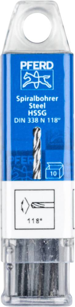 Emballage til en stålspiralbor fra mærket PFERD. Betegnelse: DIN 338 N 118°. Indeholder tekniske tegninger og mål.