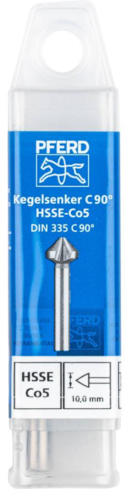 Emballage til en kegleforsenker fra Pferd. Påskrift: 'Kegleforsenker C 90°, HSS-E-Co5, DIN 335 C 90°'. Illustration af værktøjet.