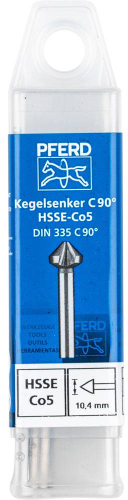 'Kegelsenker C 90° HSS-E Co5 DIN 335 C 90°, 10,4 mm' emballage fra mærket PFERD, indeholder et kegleformet værktøj.