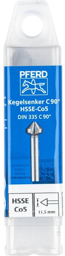 Borsæt-emballage med påskrift 'PFERD Kegleforsenker C 90°, HSS-E Co5, DIN 335 C 90°, 11,5 mm'.