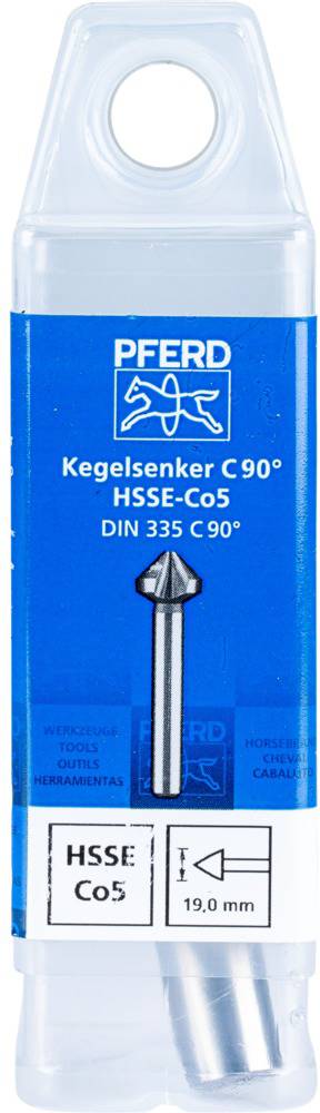 Blå emballage med sølvfarvet forsænker, påskrift 'PFERD', forsænker C 90° HSS-E Co5 DIN 335 C 90°, 19,0 mm.