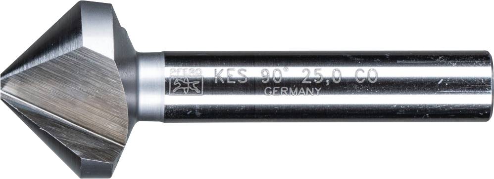 En konisk forsænker af metal med påskriften 'KES 90° 25,0 CO GERMANY'. Bruges til bearbejdning og afgratning af huller i workpieces.