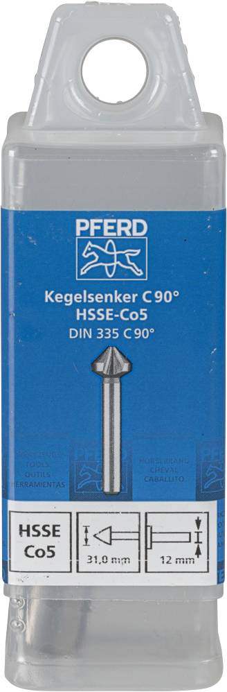 Emballage til en kegleformet forsænker fra PFERD, type HSSE-Co5, norm DIN 335 C 90°. Diameter 31 mm, skaftlængde 12 mm.