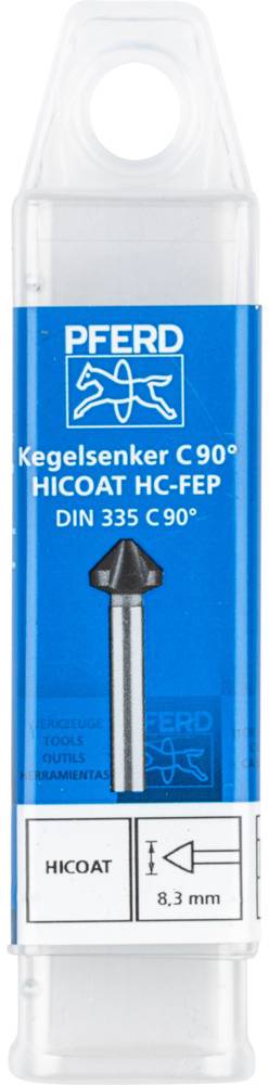 Emballage til en kegleformet forsænker med 90° spids fra mærket 'PFERD', model HICOAT HC-FEP, DIN 335. Størrelsen er 8,3 mm.