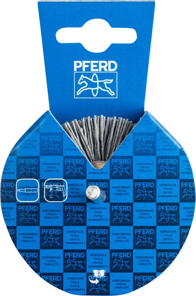En emballage med påskriften 'PFERD' og logo viser en stålbørste. Etiketten er overvejende blå med hvid tekst.