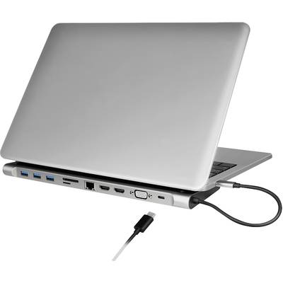En åben bærbar computer med en tilsluttet dockingstation, der tilbyder flere USB- og HDMI-porte samt en Ethernet-port.