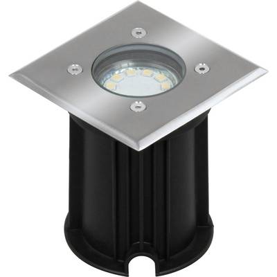Gulvlampe i rustfrit stål med firkantet afdækning, ti LED-pærer indvendigt. Velegnet til udendørsbelysning.